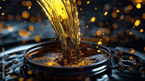 Glimmering Liquid Pouring into Black Container with Lush Golden Particles Illuminating Background, Capturing the Essence of Fluid Motion and Vibrant Texture