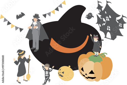 Isometric Halloween Character and Costume Illustration Set with Jack-o'-lanterns