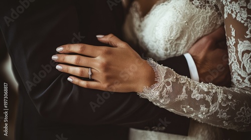 Close-Up of Elegant Bride and Groom Embracing with Romantic Touch, Showcasing Intricate Lace, Wedding Ring, and Love-filled Moment in Soft Lighting