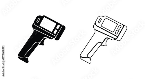 Two black and white icons depicting handheld thermal scanners a silhouette