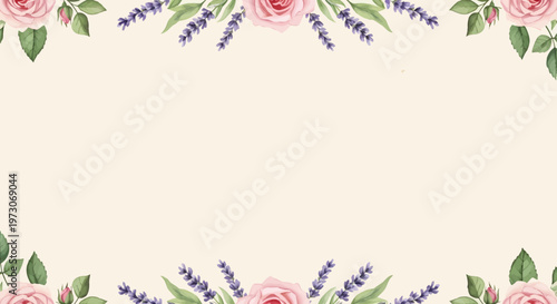 A beautiful floral template with delicate pink roses and purple lavender, perfect for creating heartwarming Mother's Day cards and invitations
