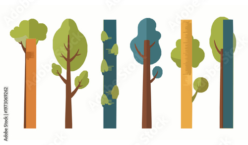 Children height chart rulers with cartoon tree design vector set