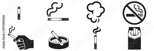Cigarette Icon Vector Set, Smoking Symbol Collection with Cigar and Smoke Signs, Tobacco Concept Icons, Cigaret Illustration Pack, Minimal Vector Graphics for Health Warning and Lifestyle Design