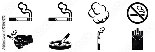 Cigarette Icon Vector Set, Smoking Symbol Collection with Cigar and Smoke Signs, Tobacco Concept Icons, Cigaret Illustration Pack, Minimal Vector Graphics for Health Warning and Lifestyle Design