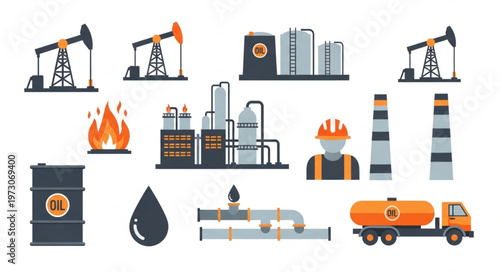 Oil and Gas Industry Elements - Rigs, Tanks, Refinery, and Worker.