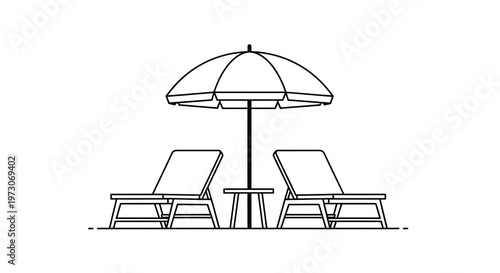 Simple line drawing of beach chairs a table and a parasol