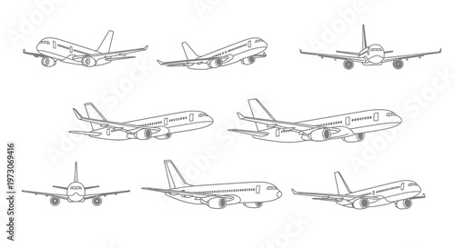 Line drawing of various commercial airplanes in different orientations