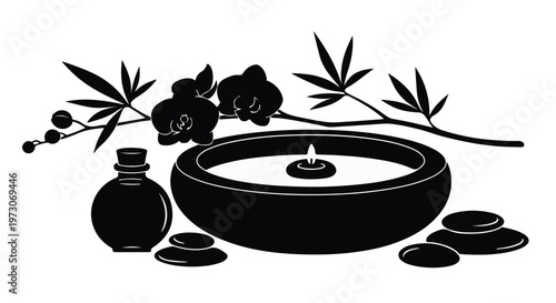 Serene spa arrangement with orchid, candle, stones, and oil for relaxation