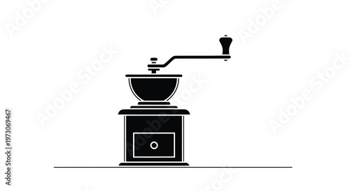 Simple black and white illustration of a vintage coffee grinder