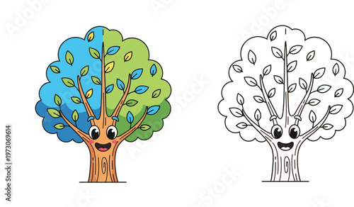 Vector illustration of a happy cartoon tree with cute face. Split design showing full color and black and white line art perfect for kids coloring book pages.