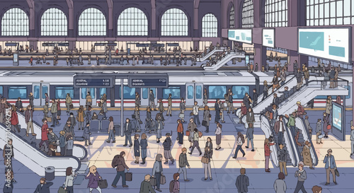 Busy train station with people, trains, escalators and digital displays, pixel art style