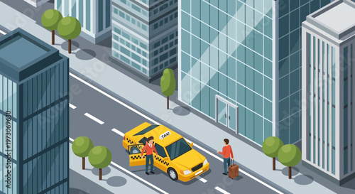 Yellow taxi cab, people with luggage on city street, urban transportation, isometric view