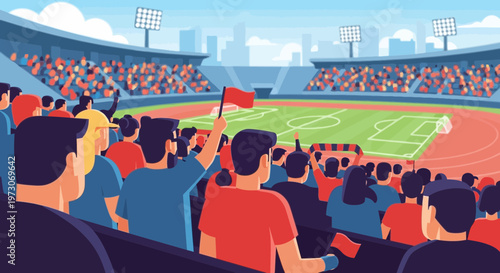 Crowd cheering at soccer stadium, holding flags and scarves, excited fans watching match.