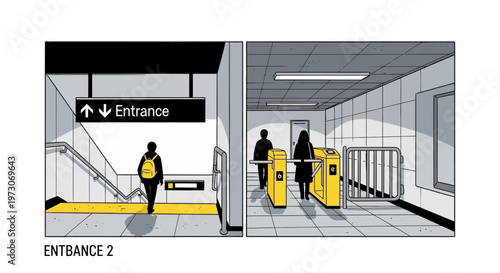 People entering subway station, turnstiles, stairs, entrance sign, urban transit