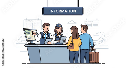 Airport Information Desk: Staff Assisting Travelers with Travel Plans and Navigation
