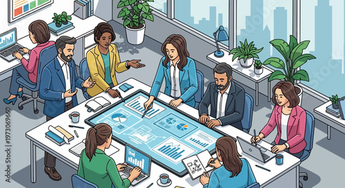 Diverse team in modern office discussing data on interactive digital whiteboard meeting