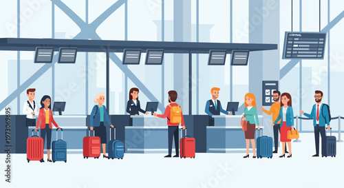Airport check-in counter with travelers and luggage