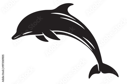 Minimalist dolphin silhouette vector, jumping sea mammal icon, black aquatic animal graphic isolated on white, marine life logo element