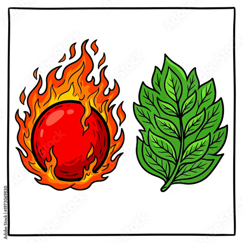Fire and leaf illustration contrast.