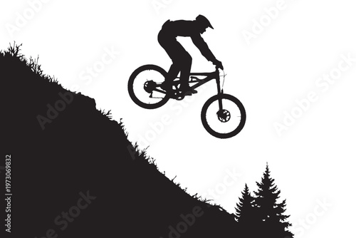Mountain bike silhouette jumping over hill, extreme downhill mountain biking vector, cyclist performing stunt in forest landscape
