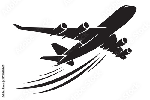 Black airplane silhouette taking off, commercial jet aircraft vector icon, flying passenger plane with speed lines, aviation travel symbol