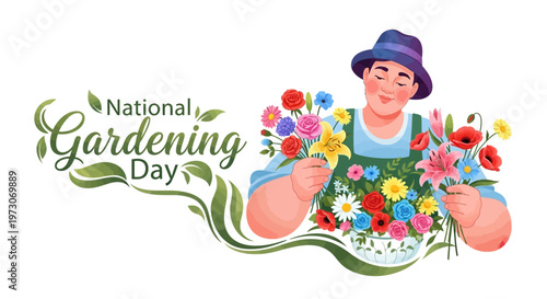 Watercolor-style illustration for National Gardening Day showing a gardener arranging colorful flowers, set against a clean white backdrop with decorative greenery, promoting a concept