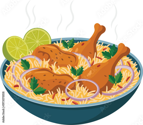 Bowl of steaming rice with chicken drumsticks onions parsley lime garnish illustration