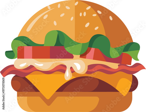 Hamburger with sesame bun lettuce tomato cheese bacon beef patty cartoon illustration