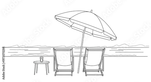 Beach scene with umbrella chairs and a small table in a line drawing