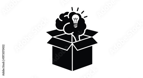 A black silhouette of a brain with a lightbulb emerging from an open box