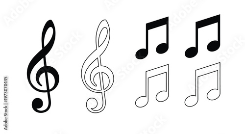 Musical symbols including treble clef notes and rests in black and white