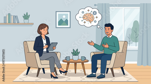 A compassionate doctor engages in a supportive conversation with a patient about mental well-being in a calm therapy setting. This Flat Design promotes awareness and support for mental health.