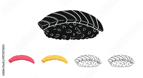 A detailed illustration of nigiri sushi with variations in color and style