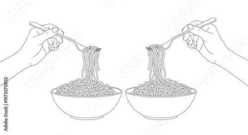 Two pairs of hands holding forks over bowls of spaghetti