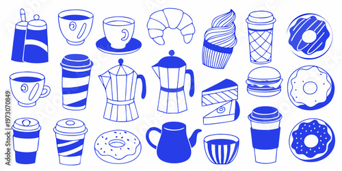 Blue line art illustration featuring a variety of breakfast and beverage items