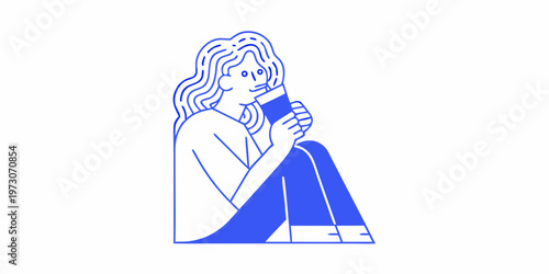 Woman with wavy hair enjoying a warm beverage sitting calmly