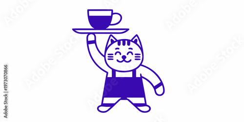 A cartoon cat waiter balancing a cup of coffee on a tray