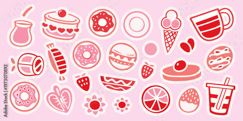 A colorful collection of various desserts and sweet treats in pink hues