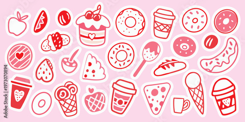 Hand drawn style stickers of desserts sweets and various treats