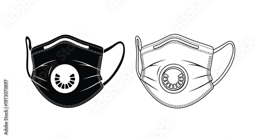 Two medical face masks a black version and a white line drawing