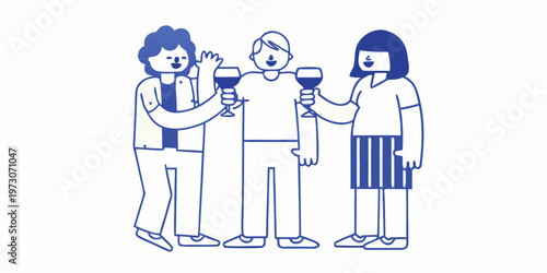 Three friends cheerfully toasting with wine glasses in a minimalist style