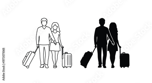 Outline and silhouette vector graphic of a romantic couple on their journey with wheeled suitcases.
