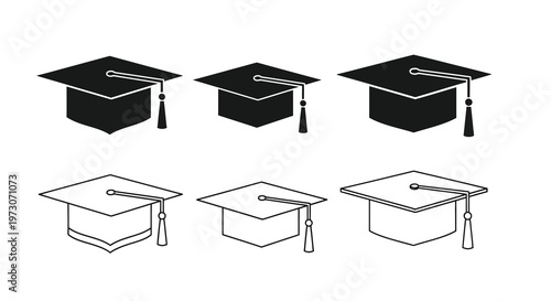 Three black graduation caps and three outlined versions are displayed