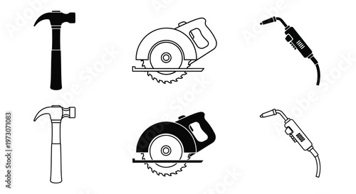 Collection of black and white tool icons including hammers saws and heat guns