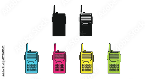Four colorful walkie talkies depicted in a simple linear style