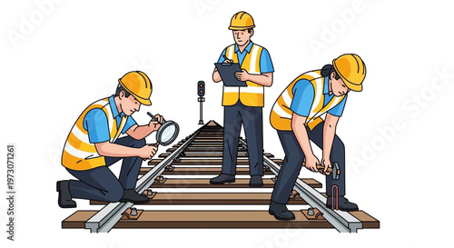 Railway workers inspecting and repairing train tracks, safety vests, hard hats, precision work.