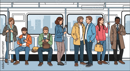 Diverse commuters on a subway train, standing and sitting, urban daily life