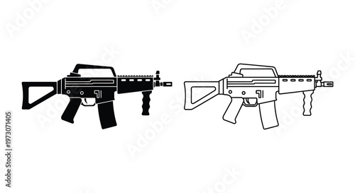 Two views of a modern assault rifle detailed black and white silhouette