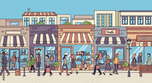 Pixel Art City Street Scene with Diverse People Shopping in Front of Boutiques and Stores
