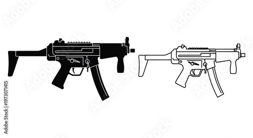 Detailed illustration of a submachine gun in black and white silhouette